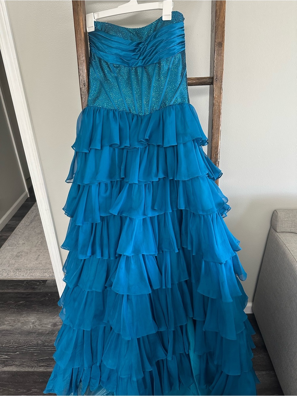 Sherri Hill Teal Strapless Ruffled Ball Gown